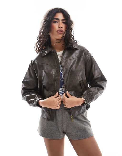 Cotton On faux leather oversized bomber jacket in washed brown