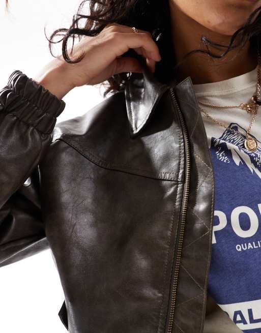 Cotton On faux leather oversized bomber jacket in washed brown