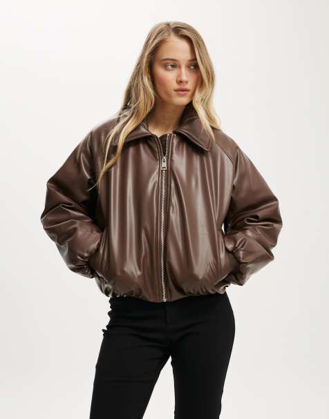 Cotton On Faux leather puff bomber in burgundy - view 1