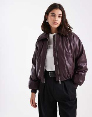 Cotton:On Cotton On faux leather puff bomber in deep pomegranate-Purple