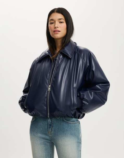 Cotton On Faux leather puff bomber in navy - view 1