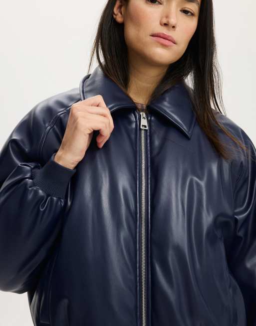 Cotton On Faux leather puff bomber in navy, 2 of 4