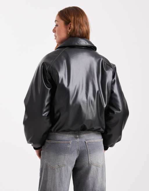 Cotton On faux leather puff jacket in black, 4 of 4