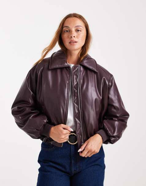 Cotton On faux leather puff jacket in dark berry