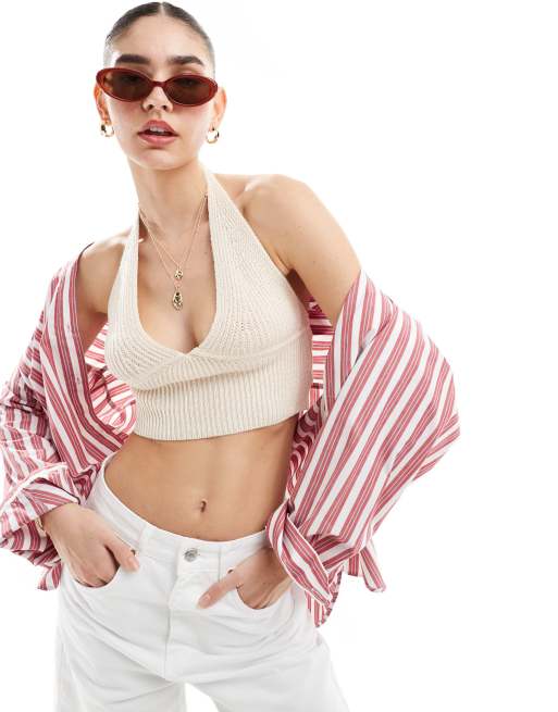 Cotton On faux shell trim halter neck crop top in ecru crochet (part of a set) 
