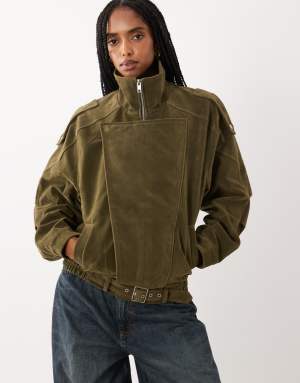 Cotton On faux suede biker jacket in dark olive