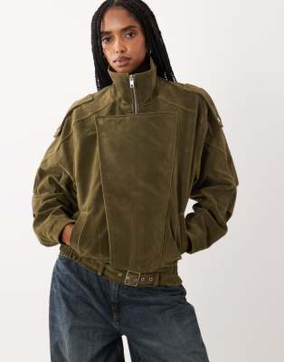 Cotton On Faux Suede Moto Jacket In Green