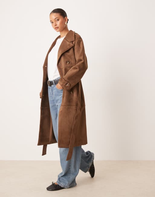 Cotton  On Faux suede trench coat in brown 