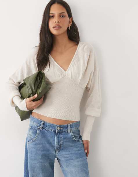 Cotton On feather v knit top in porcelain - view 1