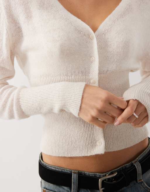 Cotton On feathery knit button front cardigan in porcelain, 3 of 4