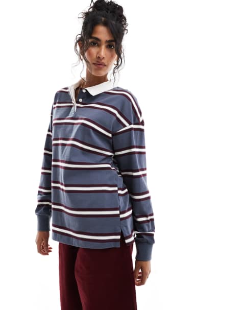 Cotton On - Felpa a maniche lunghe stile polo blu a righe - view 1