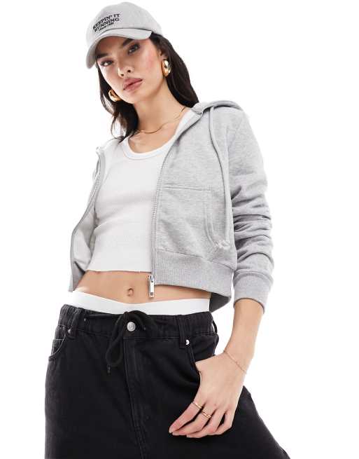 Cotton On - Felpa con cappuccio aderente taglio corto grigio mélange con zip 