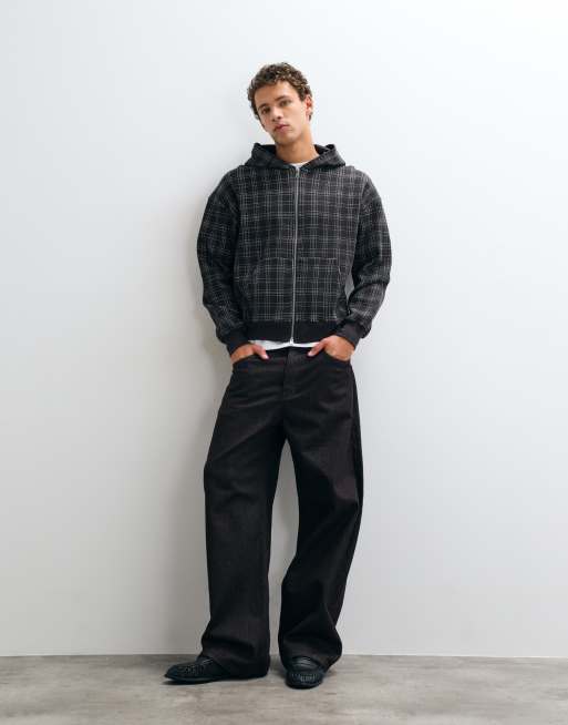 Cotton On felpa con cappuccio con zip a quadri marrone scuro, 2 di 5