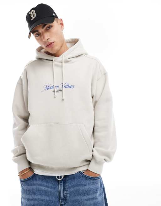 Cotton On - Felpa con cappuccio squadrata grigio slavato con grafica "Values", 2 di 4