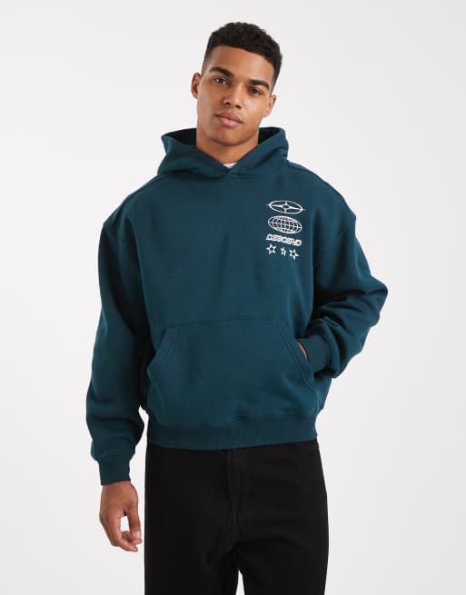 Cotton On - Felpa con cappuccio taglio corto verde-azzurro mare profondo con grafica