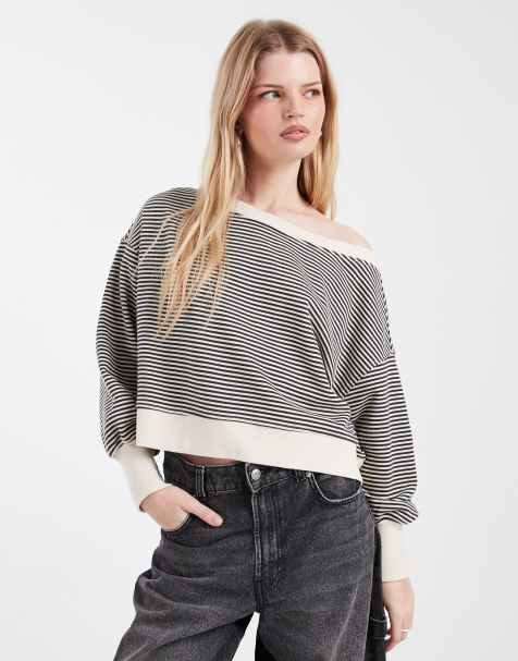 Cotton On - Felpa con spalla scoperta nera e crema a righe - view 1