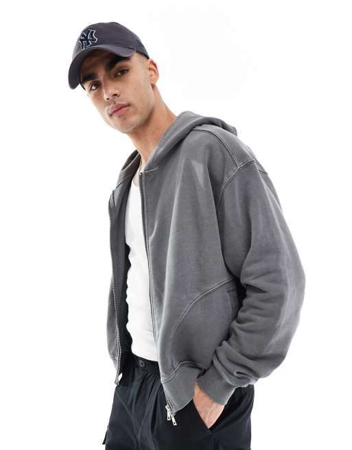 Cotton On - Felpa corta con cappuccio squadrata color pietra ardesia con zip