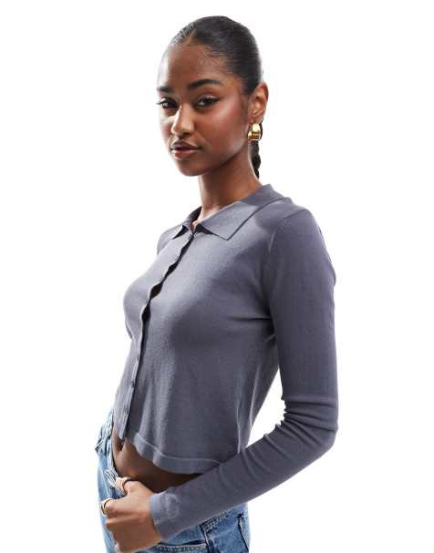Cotton On fine knit long sleeve polo shirt in slate grey - view 1