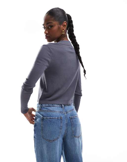 Cotton On fine knit long sleeve polo shirt in slate grey, 3 of 4