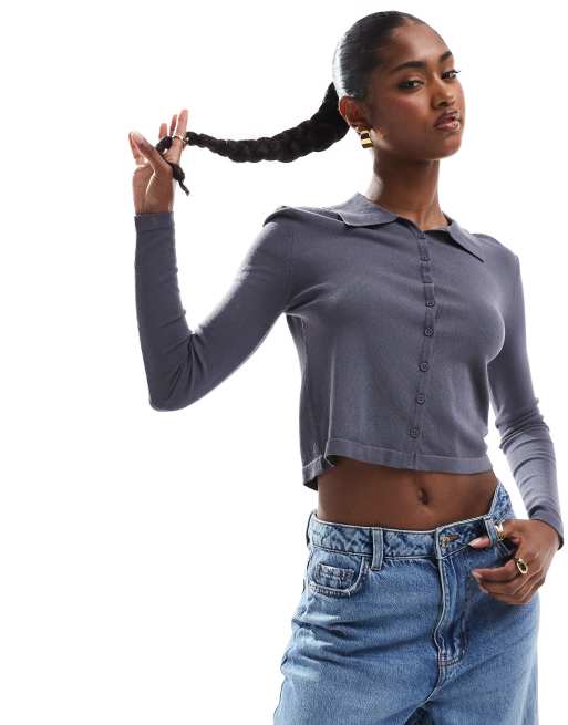 Cotton On fine knit polo long sleeve knit in slate gray ASOS
