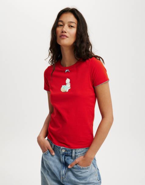 Cotton  On Fitted lcn graphic longline tee in red - view 1