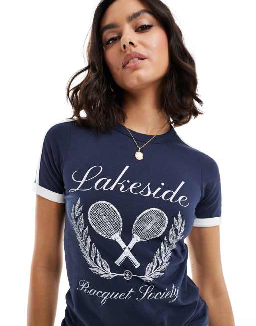Cotton On fitted longline tee in navy with lakeside graphic ASOS