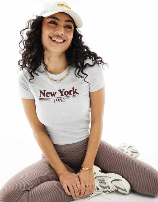 Cotton On fitted shrunken t-shirt in grey with New York graphic 