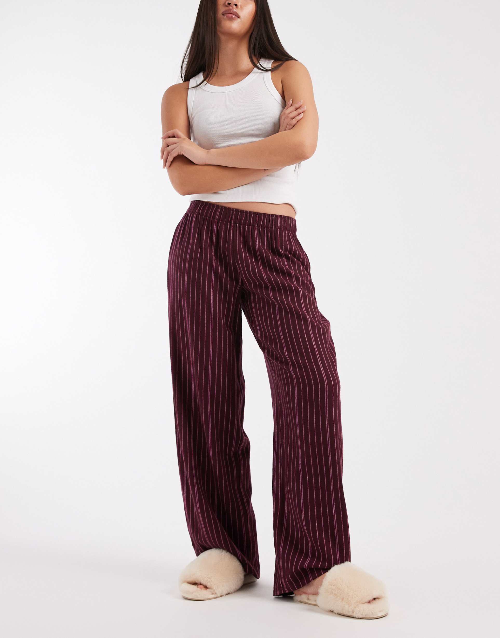 cotton on flannel barrel leg lounge pants in chocolate plum stripe