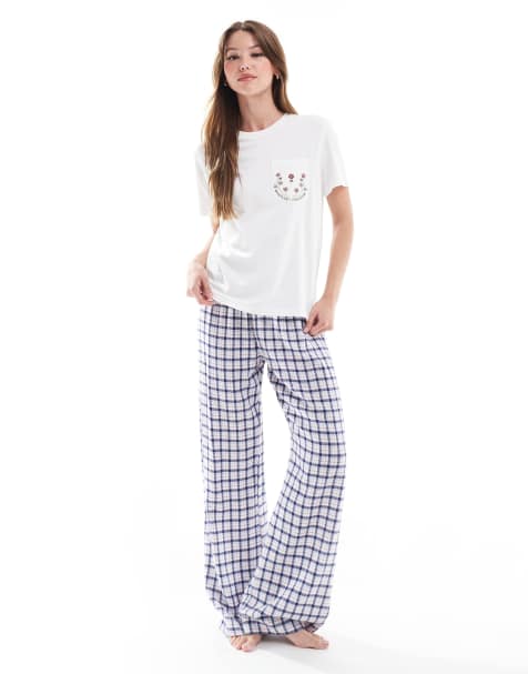 Cotton On flannel boyfriend pyjama trousers in blue check - view 1