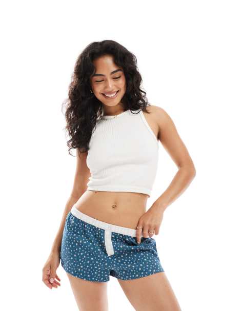 Cotton On flannel girlfriend sleep short in deep blue aura ditsy - view 1
