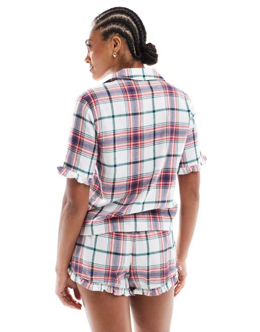 Cotton On flannel pyjama short and shirt set in vintage cream check, 4 of 4
