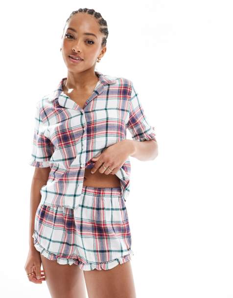 Cotton On flannel pyjama short shirt set in vintage cream check - view 1
