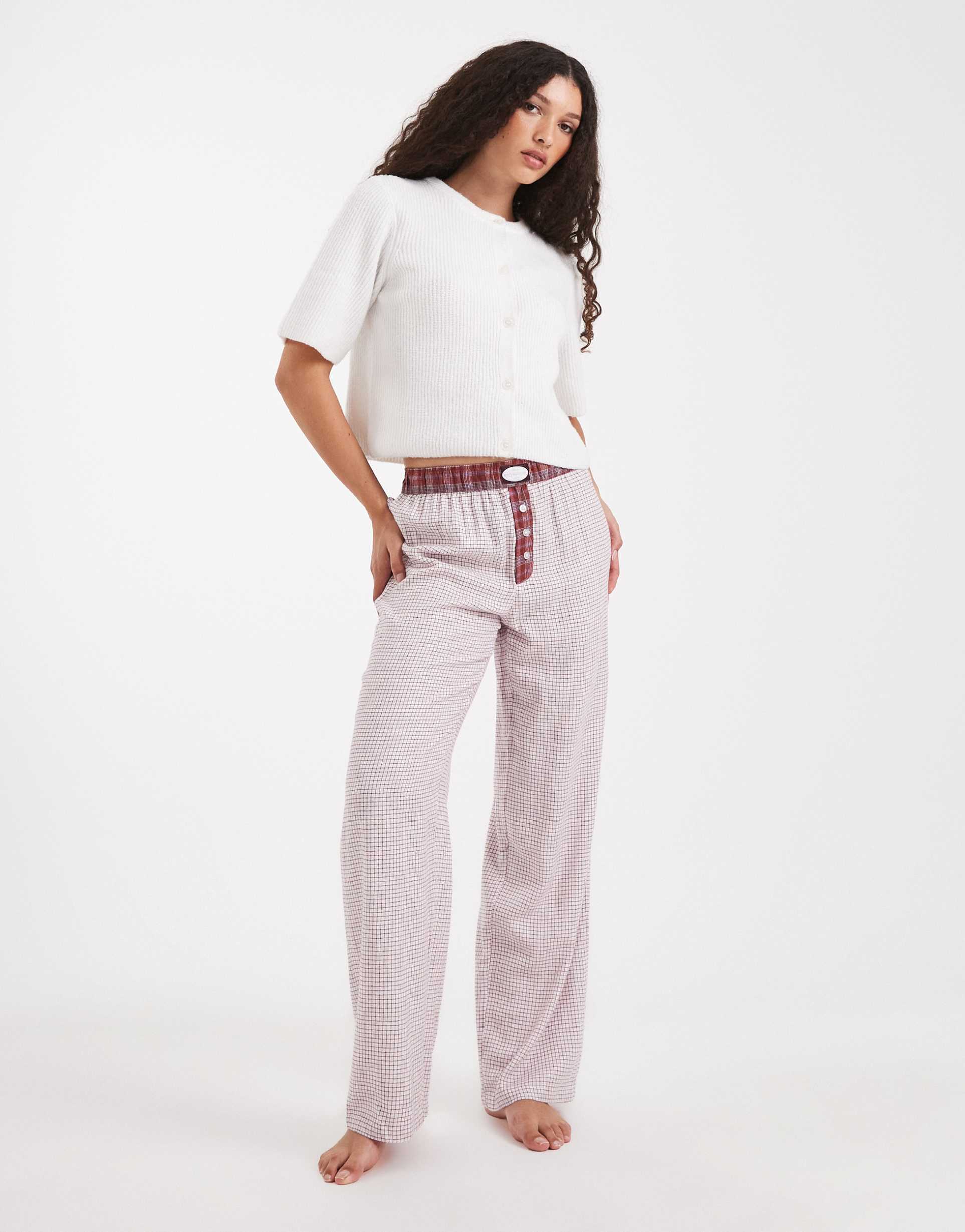cotton on flannel wide leg pants in burnt apple micro plaid