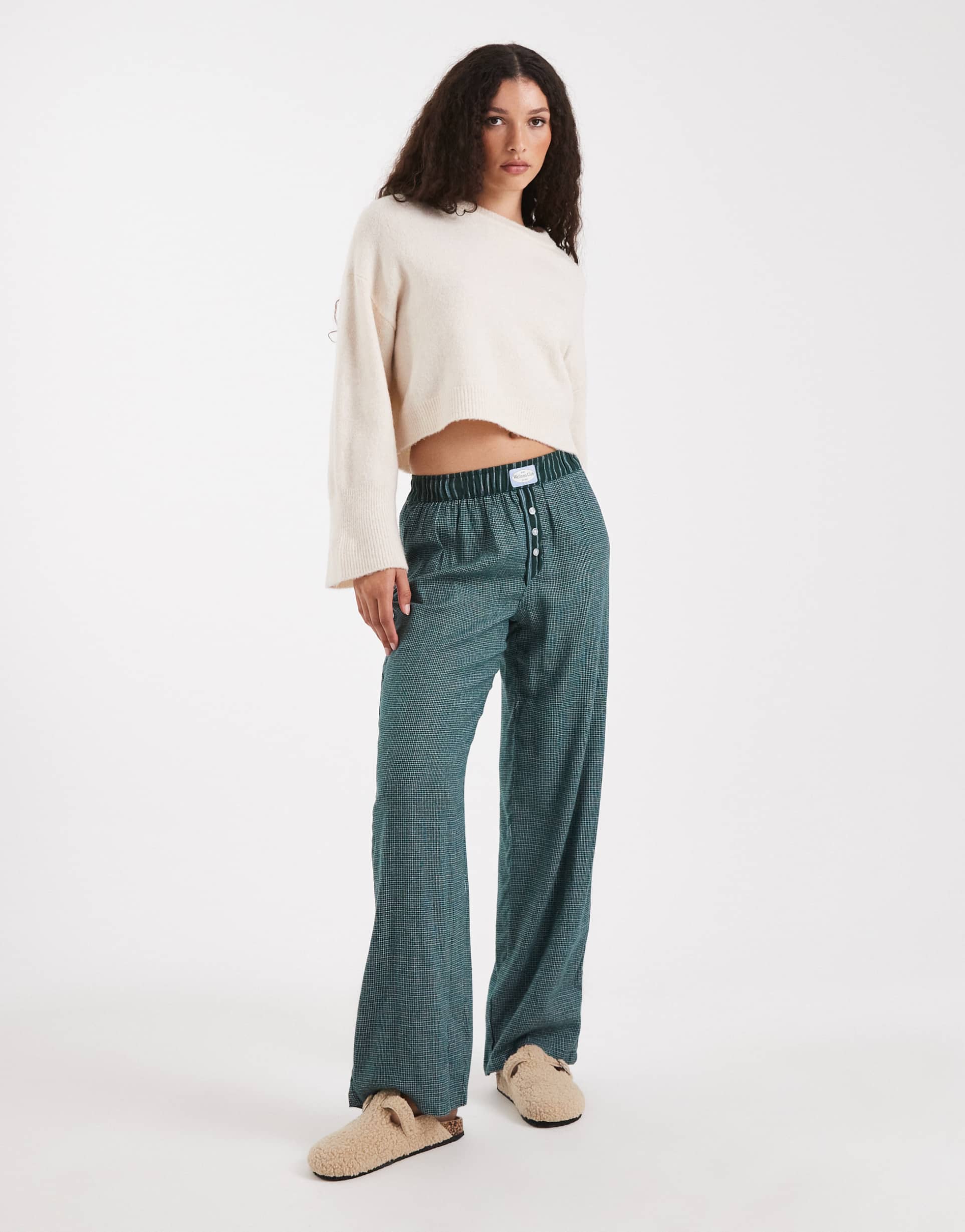 cotton on flannel wide leg pants in pine green plaid