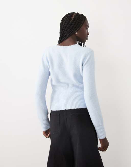 Cotton On fluffig figursydd stickad kofta i blå argyle, 4 av 4