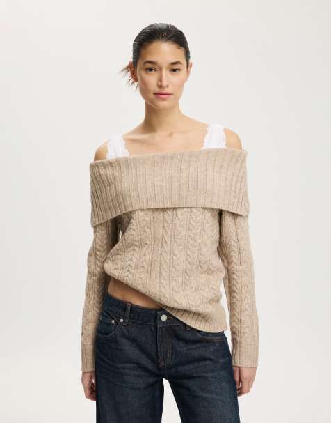 Cotton On Fluffy cable off shoulder knit in beige