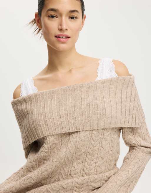Cotton On Fluffy cable off shoulder knit in beige, 2 of 4