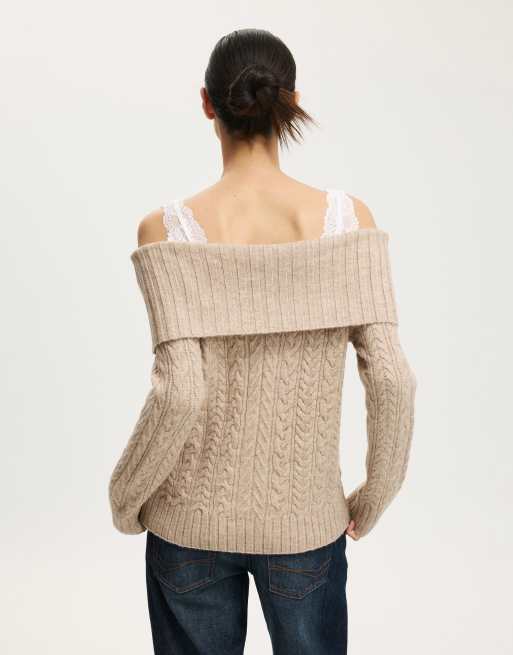 Cotton On Fluffy cable off shoulder knit in beige, 3 of 4