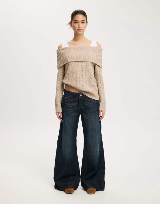 Cotton On Fluffy cable off shoulder knit in beige, 4 of 4