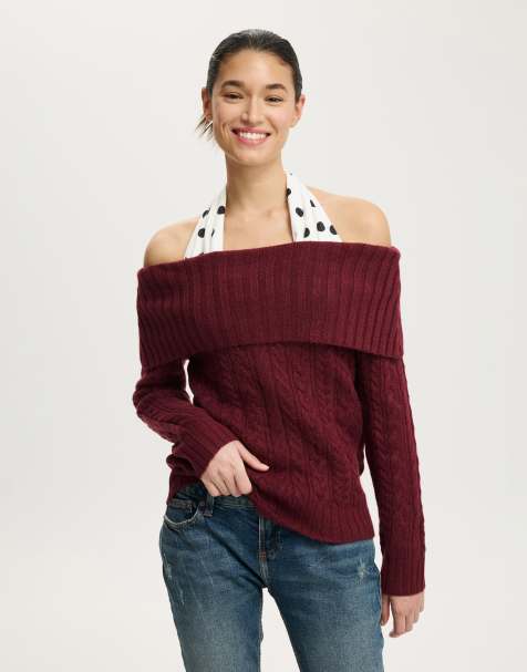 Cotton On Fluffy cable off shoulder knit in burgundy