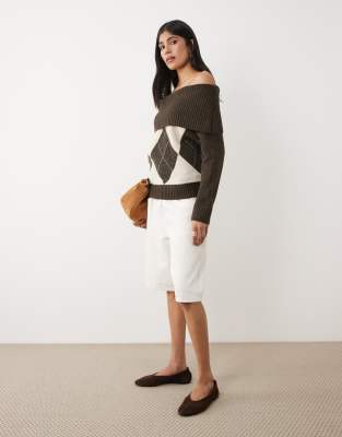 Cotton On Fluffy Cable Off Shoulder Knit In Brown