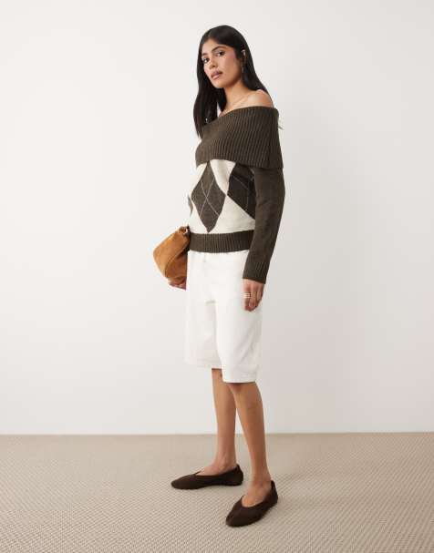 Cotton On fluffy cable off shoulder knit in dark oak argyle - view 1