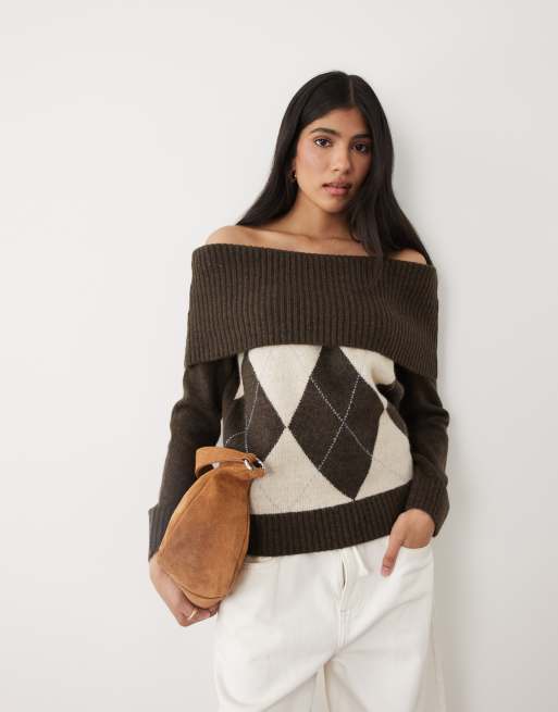 Cotton On fluffy cable off shoulder knit in dark oak argyle, 2 of 4