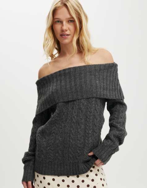 Cotton On Fluffy cable off shoulder knit in grey - view 1