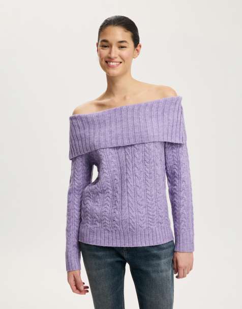 Cotton On Fluffy cable off shoulder knit in purple - view 1