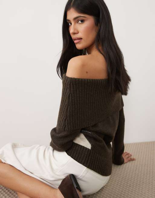 Cotton On fluffy cable off shoulder knit sweatshirt in dark oak argyle, 3 of 4