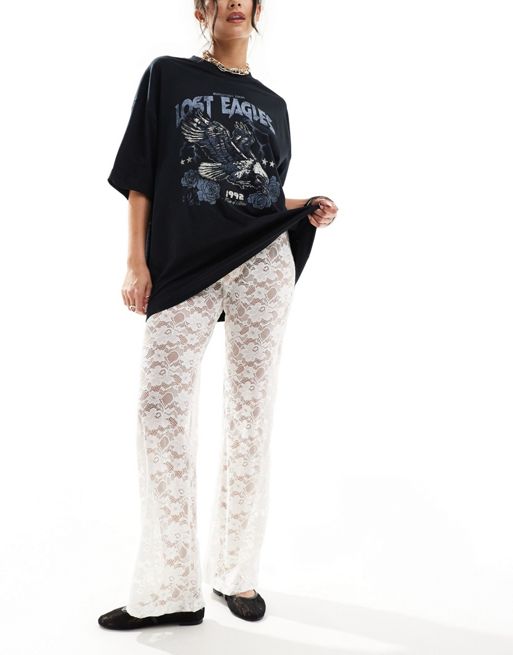 Cotton On fold over waist flare trousers in sheer lace 