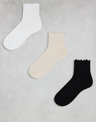 Cotton:on Cotton On Frill Ribbed Ankle Socks 3 Pack In Black