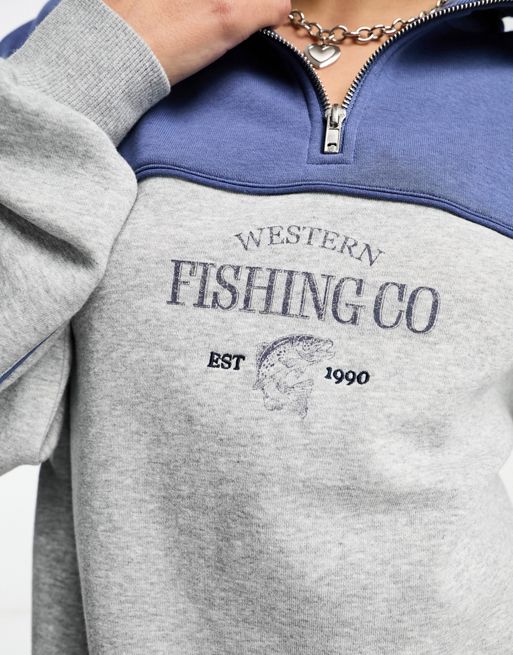 Cotton On Funnel Neck Sweatshirt with Fishing graphic-Gray