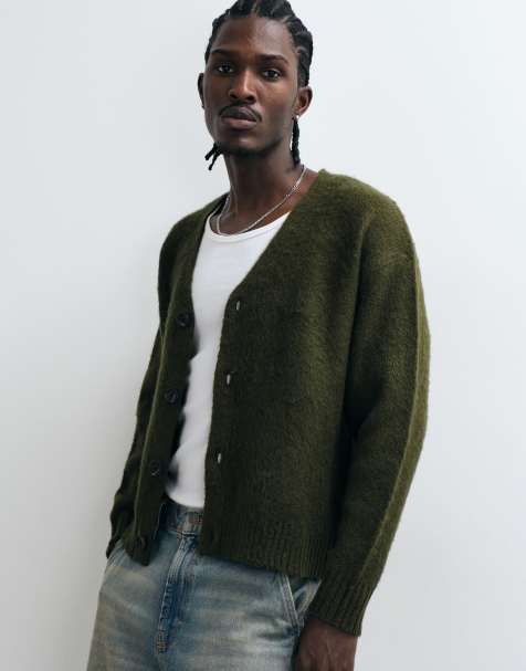 Cotton On fuzzy button down cropped cardigan in khaki - view 1